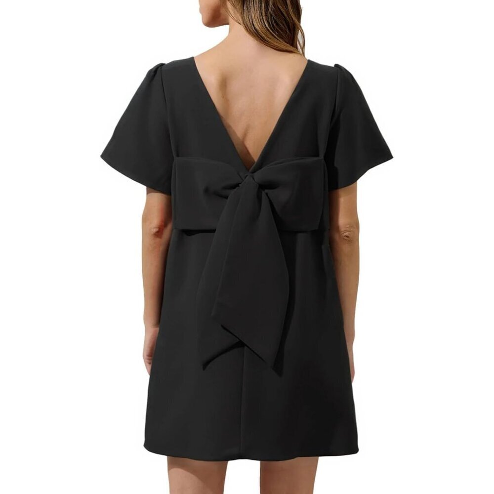 Women's Black Polyester Mini Bow Dress Casual Shift With Pockets